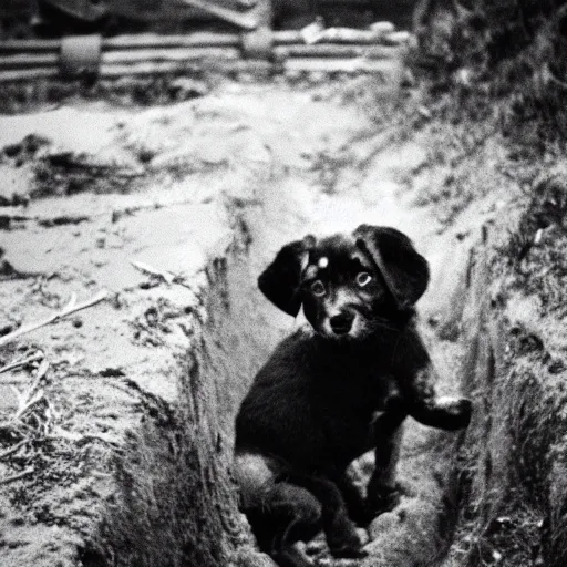 Prompt: photograph of a puppy in a trench ww2 grainy 35mm film