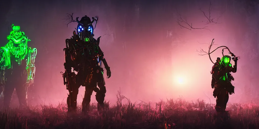 Image similar to inside of strange misty swamp landscape a gamekeeper wearing a steampunk and cyberpunk mechanical fluorescent mystical animal mask and red hood. in style of fornite game. night fog,, beautiful render, octane render