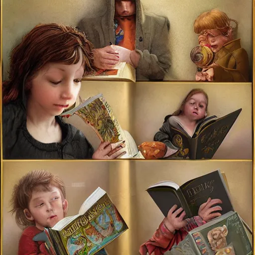Image similar to realistic detailed face portraits and fully body poses of children reading books by emilia dziubak, will terry, greg olsen, chris mars, ann long, and mark brooks, fairytale, art nouveau, victorian, neo - gothic, character concept design, smooth, extremely sharp detail, finely tuned detail, story book design, storybook layout