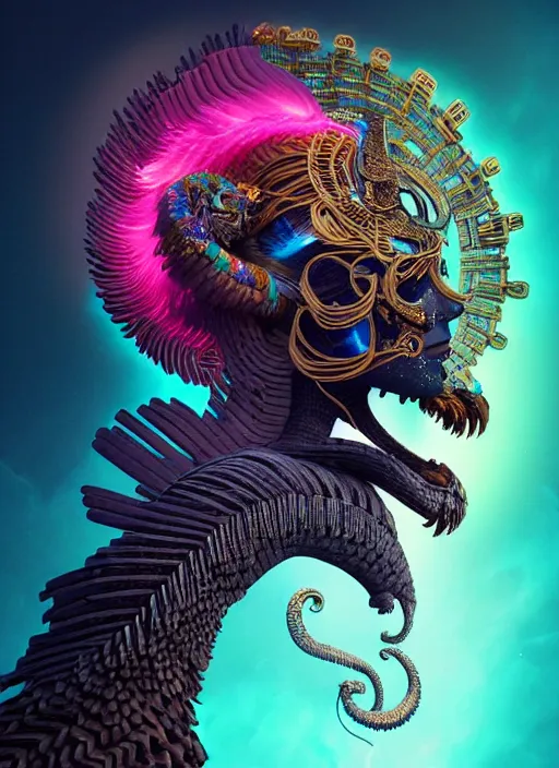 Image similar to 3 d goddess profile portrait, sigma 5 0 0 mm f / 5. beautiful intricate highly detailed quetzalcoatl skull and feathers. bioluminescent, plasma, lava, ice, water, wind, creature, thunderstorm! artwork by tooth wu and wlop and beeple and greg rutkowski, 8 k trending on artstation,