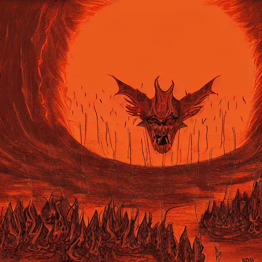 Prompt: hellish demons rising from the ground, orange sky, digital art