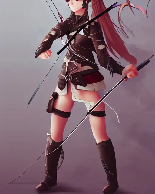 Image similar to anime girl with a bow and arrow, female archer, angry, warrior, artstation trending, concept art, digital painting