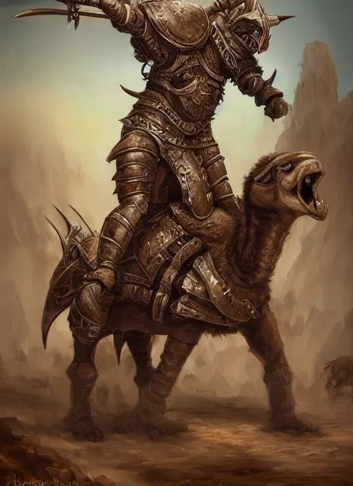 Image similar to Gnoll, metal armor, holding a lance, riding a camel, facing the camera, D&D, fantasy, digital art, realistic, artstation