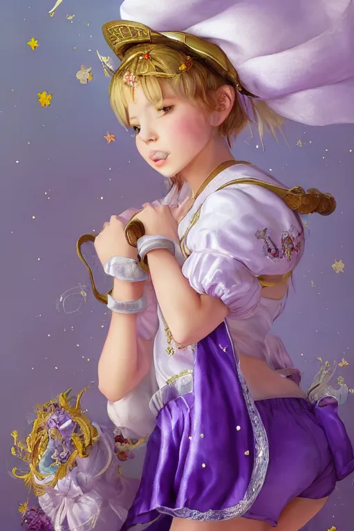 Image similar to Full View fairy maiden with short blond hair wearing an oversized purple Beret, Baggy Purple overall shorts, Short Puffy pants made of silk, silk shoes, a big billowy scarf, Golden Ribbon, and white leggings Covered in stars. covered in embroidery. Short Hair. peasant magic. masterpiece 4k digital illustration by Ruan Jia and Mandy Jurgens and Artgerm and william-adolphe bouguereau, award winning, Artstation, art nouveau aesthetic, Alphonse Mucha background, intricate details, realistic, panoramic view, Hyperdetailed, 8k resolution, intricate art nouveau