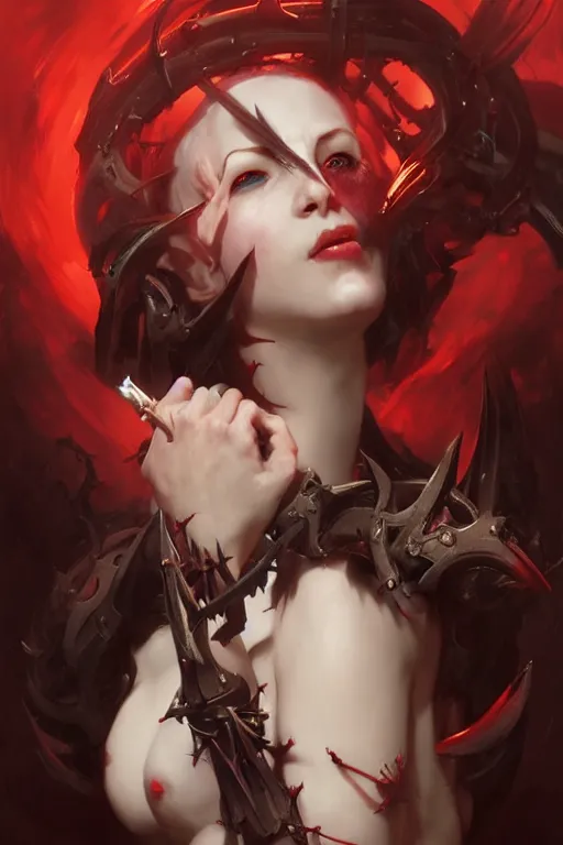 Image similar to Portrait of beautiful pale laughing cyborg succubus maiden with crown of thorns and glowing red eyes, Warhammer 40000, digital art from artstation by Ruan Jia and Mandy Jurgens and Artgerm and william-adolphe bouguereau