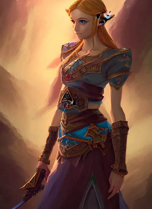 Image similar to zelda with triforce, fantasy, intricate, elegant, highly detailed, digital painting, artstation, concept art, wallpaper, smooth, sharp focus, illustration, art by wlop