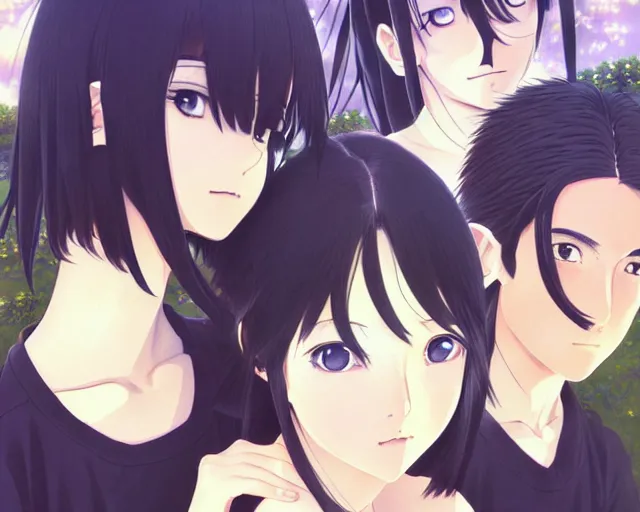 Image similar to beautiful anime girl with long black hair and bangs, beautiful anime guy with black hair, wearing black clothes, siblings, fine details portrait, japense village in background, bokeh. anime masterpiece by Studio Ghibli. illustration, sharp high-quality anime illustration in style of Ghibli, Ilya Kuvshinov, Artgerm