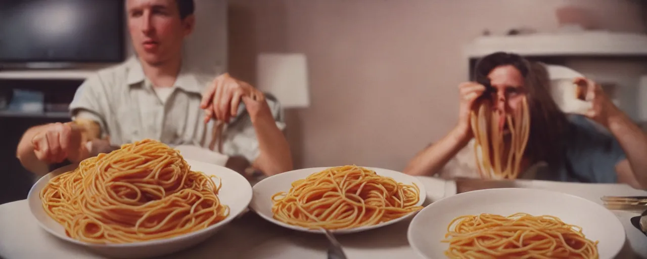 Prompt: eating spaghetti alone in front of the tv, modern era, canon 5 0 mm, kodachrome, in the style of wes anderson