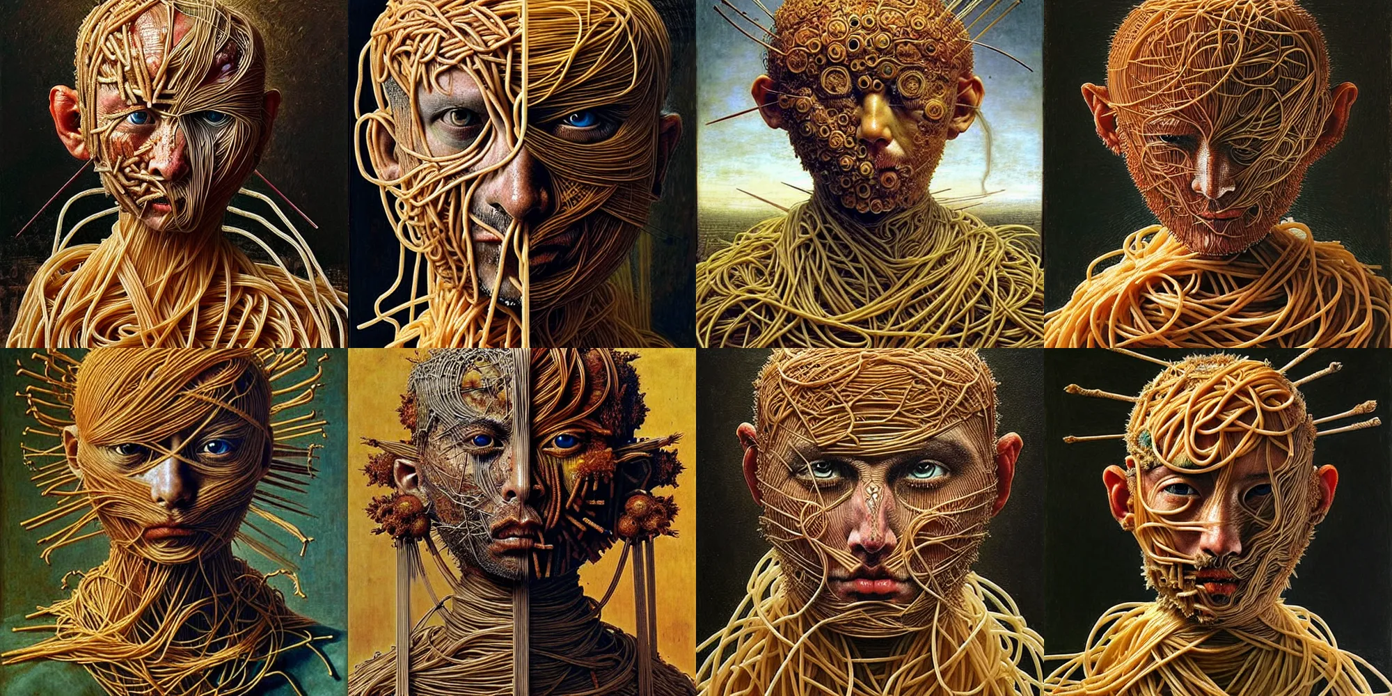 Prompt: half boy half rhibo made of spaghetti, intricate armor made of spaghetti fractals, ancient warrior, samurai style, by giuseppe arcimboldo and ambrosius benson, renaissance, intricate and intense oil paint, a touch of beksinski, realistic