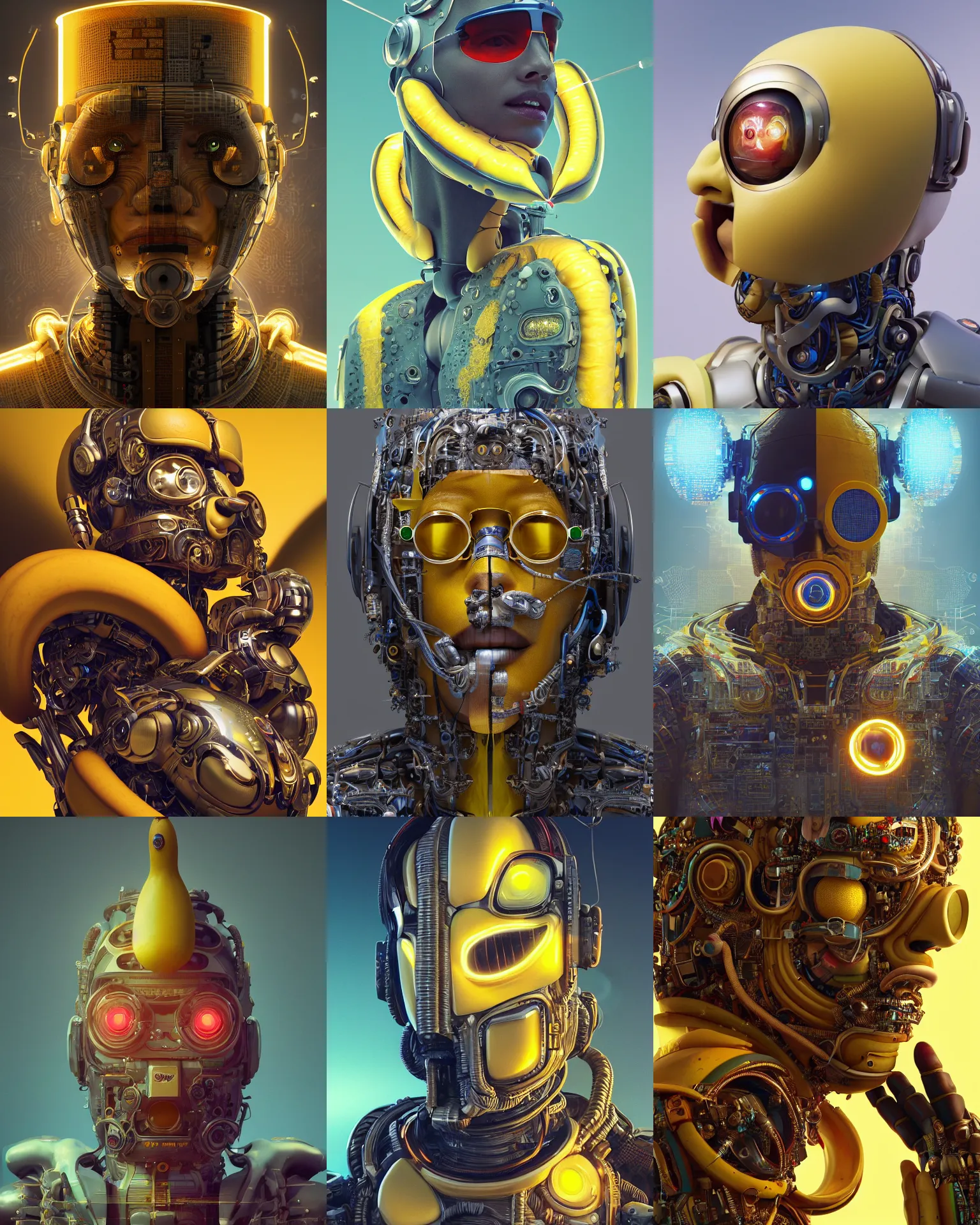 Prompt: portrait of a banana as a cyborg. intricate abstract. intricate artwork. by Tooth Wu, wlop, beeple, dan mumford. octane render, trending on artstation, greg rutkowski very coherent symmetrical artwork. cinematic, hyper realism, high detail, octane render, 8k, iridescent accents