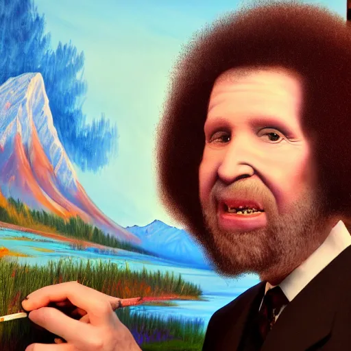 Image similar to a closeup photorealistic photograph of bob ross working on a canvas painting of marilyn manson. happy trees, mountain scape. film still. brightly lit scene. this 4 k hd image is trending on artstation, featured on behance, well - rendered, extra crisp, features intricate detail, epic composition and the style of unreal engine.