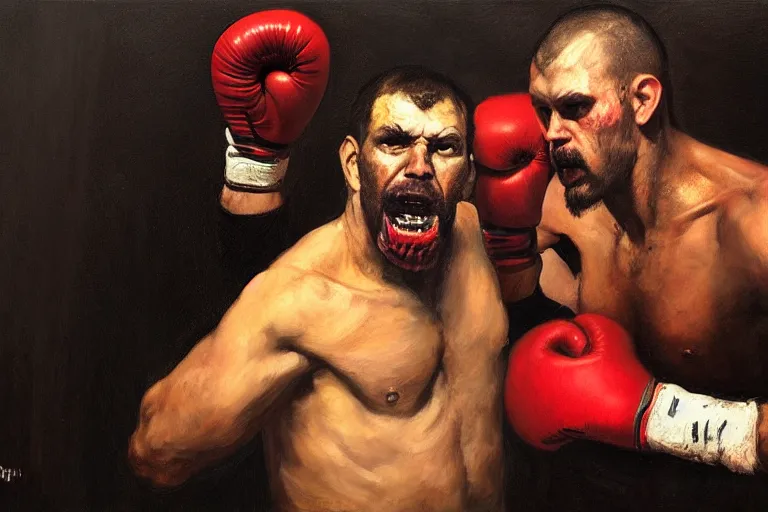 Image similar to portrait, realistic painting image about a boxer has a electric boxing gloves, versus a ghoul. dramatic scene, horror, dramatic lighting realism, created by gustave courbet and michaelangelo, trending in artstation, fine art, smooth draw with oil painting.