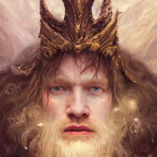 Prompt: closeup portrait shot of domhnall gleeson as king oberon, fairy wings, lord of beasts, highly detailed, digital painting, artstation, concept art, soft focus, depth of field, artgerm, tomasz alen kopera, peter mohrbacher, donato giancola, wlop, boris vallejo
