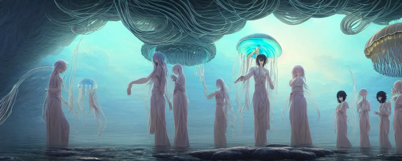 Image similar to A painting of priestesses worshipping at the jellyfish temple, shrouded in mist, jellyfish god, 8K, illustration, art by artgerm and Makoto Shinkai and Hitoshi Ashinano, smoke, cinematic, insanely detailed and intricate, hypermaximalist, elegant, super detailed, award-winning, puce and vermillion, mysterious, ancient, ritual, ethereal, trending in cgsociety, artstation HQ, ornate, elite, haunting, matte painting