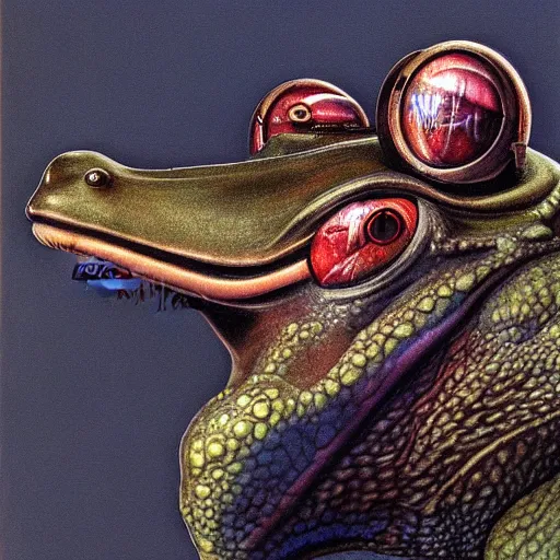 Prompt: mechanical frog, portrait by wayne barlowe