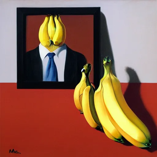 Prompt: banana in suit oil painting magritte