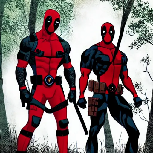 Image similar to deadpool and venom in the woods playing digital art 4 k detailed