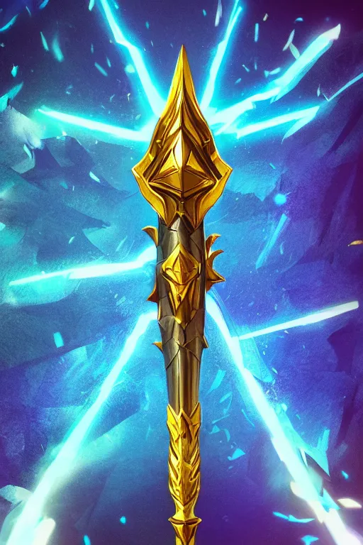 Image similar to a magical golden weapon, d & d, league of legends, concept art, blue background, dramatic lighting. realistic, epic legends, game icon, global illumination, ian pesty