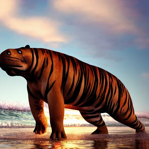 Image similar to a closeup photorealistic photograph of a cute stylish tiger hippo playing volleyball at the beach during sunset. Surf in the background. This 4K HD image is Trending on Artstation, featured on Behance, well-rendered, extra crisp, features intricate detail and the style of Unreal Engine.