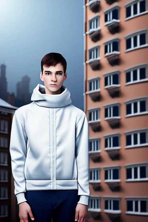 Image similar to un ultra high definition studio quality photographic art portrait of a young man standing on the rooftop of a british apartment building wearing soft padded silver pearlescent clothing. three point light. extremely detailed. golden ratio, ray tracing, volumetric light, shallow depth of field. set dressed.