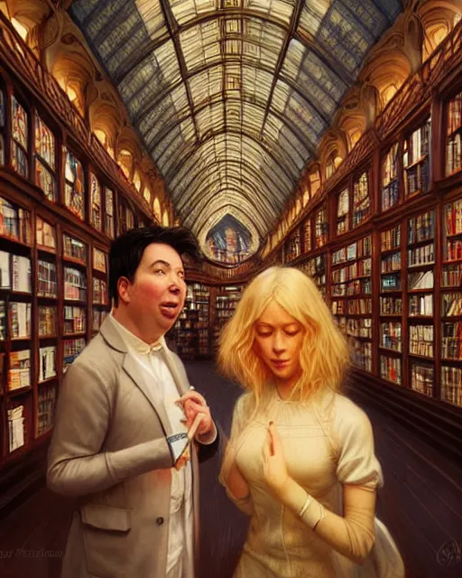 Prompt: michael mcintyre & a blonde lady at livraria lello, real life skin, intricate, highly detailed, artstation, concept art, smooth, sharp focus, art by artgerm and greg rutkowski