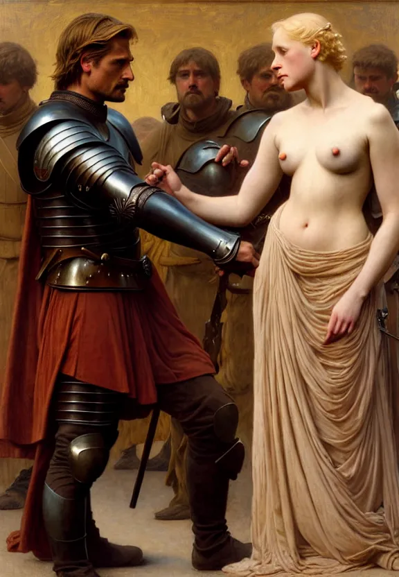 Image similar to attractive handsome fully clothed jaime lannister confesses his love for attractive fully armored brienne of tarth. centered composition. highly detailed painting by gaston bussiere and j. c. leyendecker and william adolphe bouguereau and fra angelico and octane render, musee d'orsay 8 k