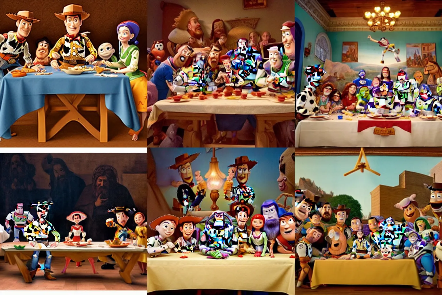 Prompt: the cast of toy story re-enacting the last supper painting by Leonardo da Vinci with Woody as jesus