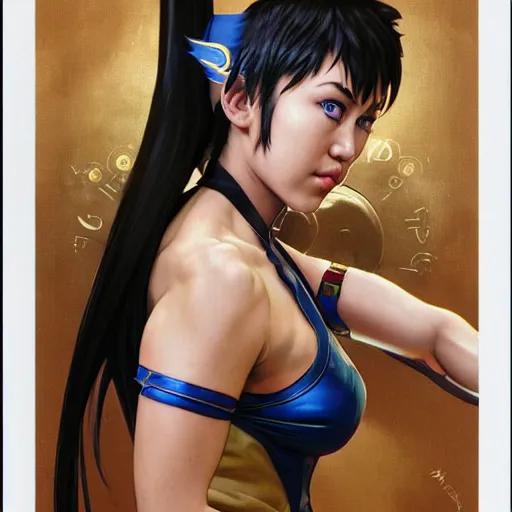 Prompt: miley cyrus as chun li from street fighter, portrait, 4 k, ultra realistic, detailed focused art by artgerm and greg rutkowski and alphonse mucha