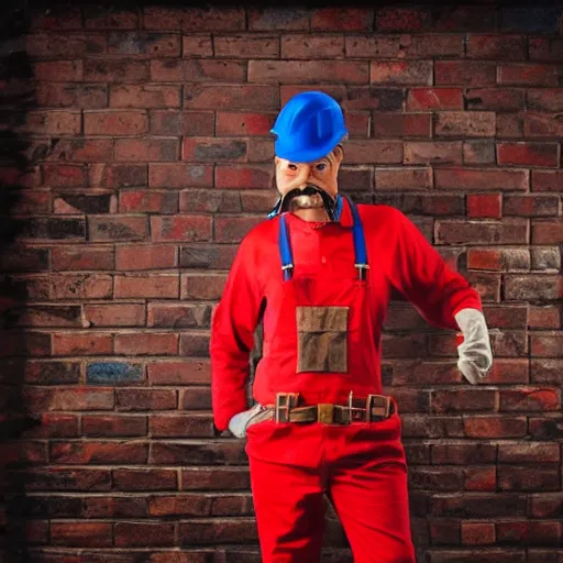 Image similar to an plumber wearing a red outfit and having a moustache and a red hat saying m, cinematography, photography, highly defined features, hdr,