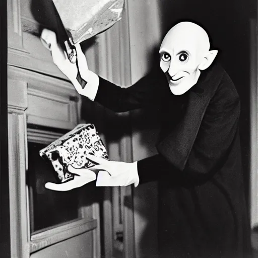 Prompt: adorable count orlok opening presents on christmas, vintage photograph, 4 k