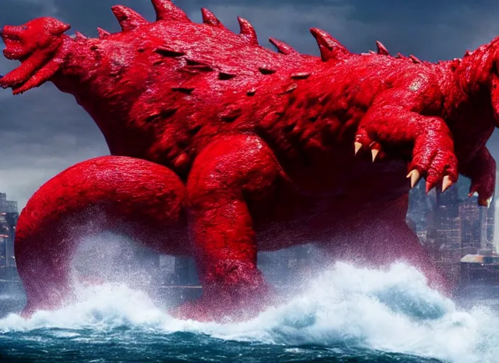 Image similar to film still of clifford the big red dog fighting in new york city in the new godzilla pacific rim crossover movie