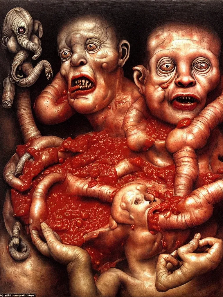 Image similar to a boy like eraserhead and elephant man sitting in a tub full of tomato sauce, looking straight into camera, screaming in desperation, by giuseppe arcimboldo and ambrosius benson, renaissance, fruit, intricate and intense oil paint, a touch of beksinski and hr giger and edward munch, realistic