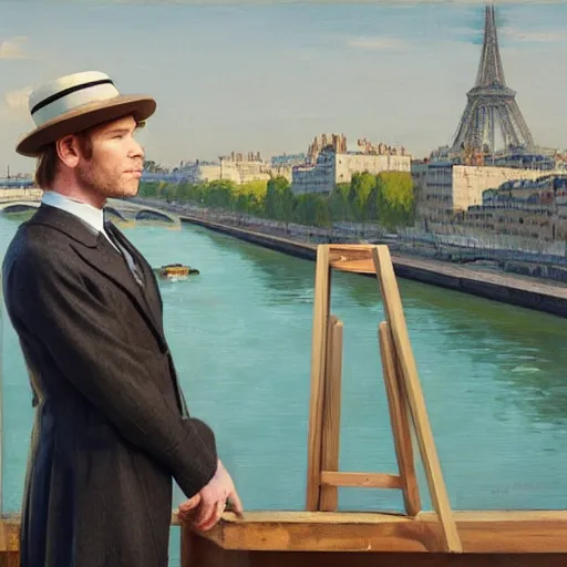 Image similar to ewan mcgregor is standing by the river seine on a bridge in the morning. he is wearing a gentleman ´ s outfit with a bowler hat. next to him at his feet is lying a brown cat. ewan mcgregor is painting a canvas that is put on an easel. morning light. early 2 0 th century paris. vivid colours, digital art, by miyazaki