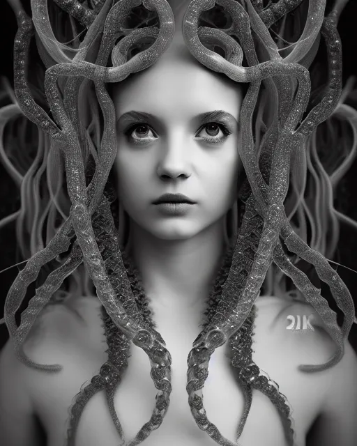 Image similar to surreal mythical dreamy underwater artistic black and white 3 d render of a translucent beautiful young female angelic - medusa - vegetal - doll covered with fish scales, highly detailed, intricate crystal ivy jelly fish scales ornate, poetic, translucent algae ornate, digital art, octane render, 8 k artistic photography, photo - realistic, flora borsi