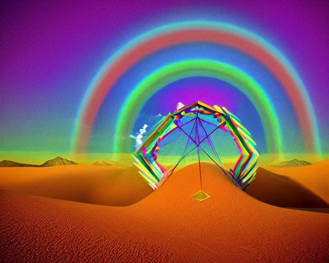 Prompt: isometric 3 d surrealist rainbow in a surreal desert, frequencies divided as sacred geometry 3 d shapes, very surreal, strange pagan atmosphere, by salvadore dali