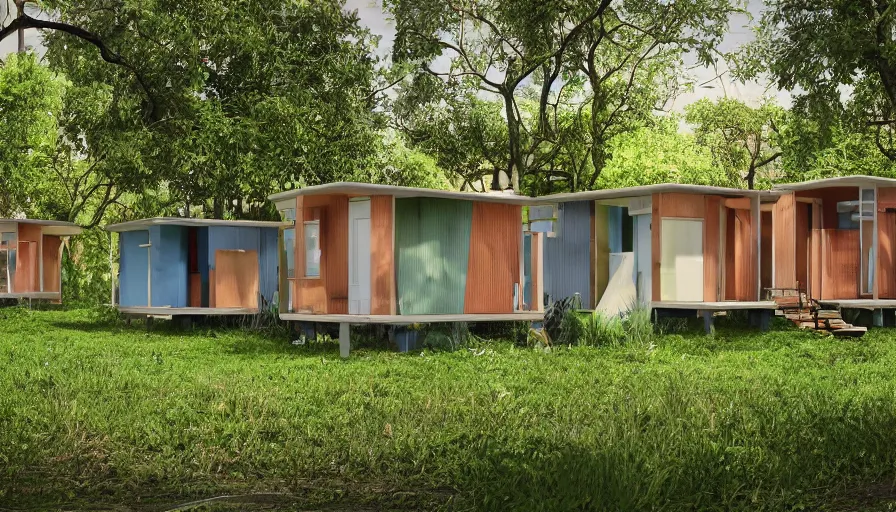 Image similar to A wide image of an eco-community neighborhood of innovative contemporary 3D printed prefab sea ranch style cabins with rounded corners and angles, beveled edges, made of cement and concrete, organic architecture, in a lush green eco community with side walks, parks and public space , Designed by Gucci and Wes Anderson, golden hour