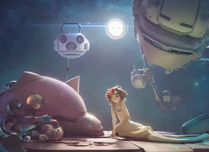 Prompt: a pretty robot girl and her alien space cat sleeping in a spaceport in a space opera ghibli animated film, volumetric lighting, octane render by stanley artgerm lau, greg rutkowski, thomas kindkade, alphonse mucha, loish, norman rockwel, highly detailed