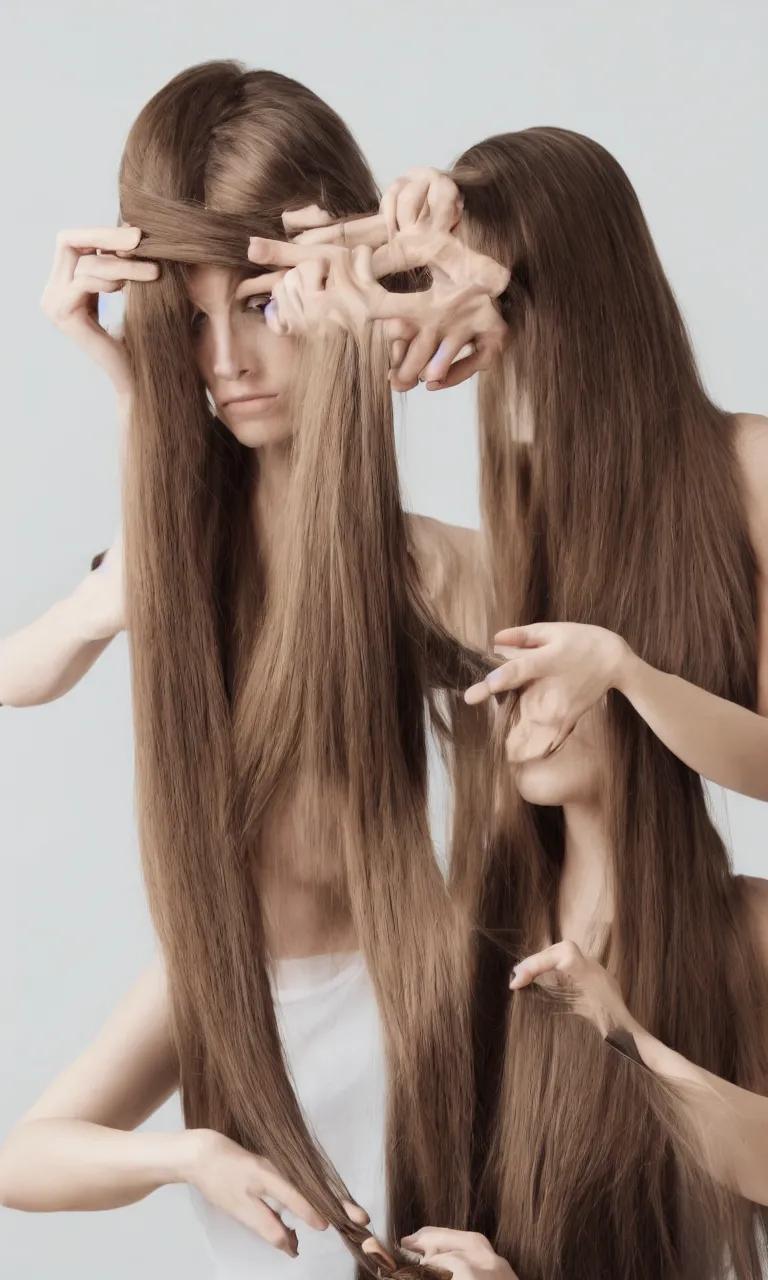 Prompt: woman with long hair getting haircut, studio, hair blog