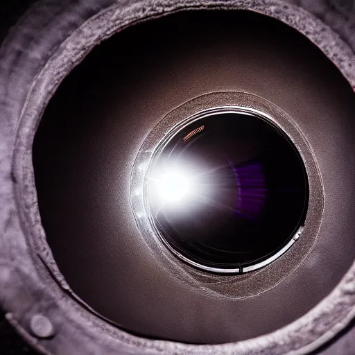 Image similar to dramatic cinematic 8k photo of a leather film camera peaking through a hole of light, 65mm lens, Ultra HD, studio lighting
