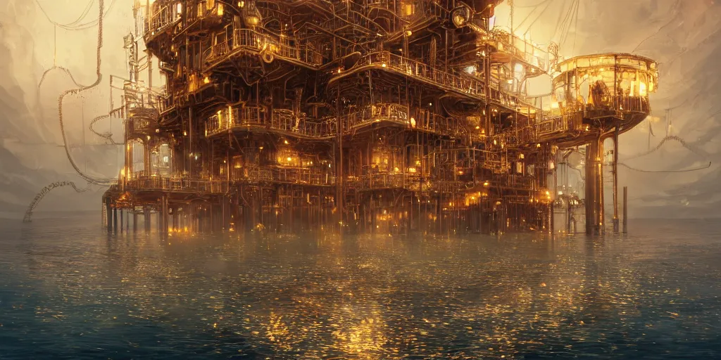 Image similar to golden steampunk oilrig in the sea, coins flying, intricate, very very beautiful, elegant, highly detailed, digital painting, artstation, concept art, smooth, sharp focus, illustration, WLOP