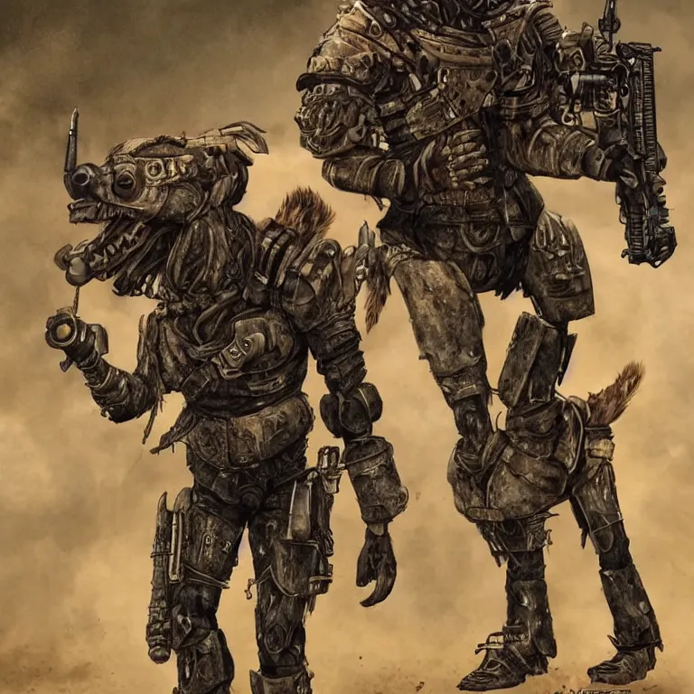 Image similar to a good ol'hound dog fursona ( from the furry fandom ), heavily armed and armored facing down armageddon in a dark and gritty version from the makers of mad max : fury road. witness me.