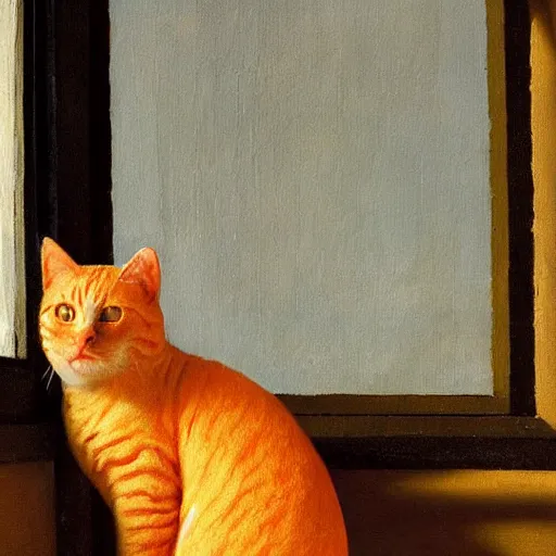 Image similar to a painting of an orange cat staring profoundly into the window, a detailed painting by johannes vermeer, behance, american scene painting, dutch golden age, detailed painting, academic art