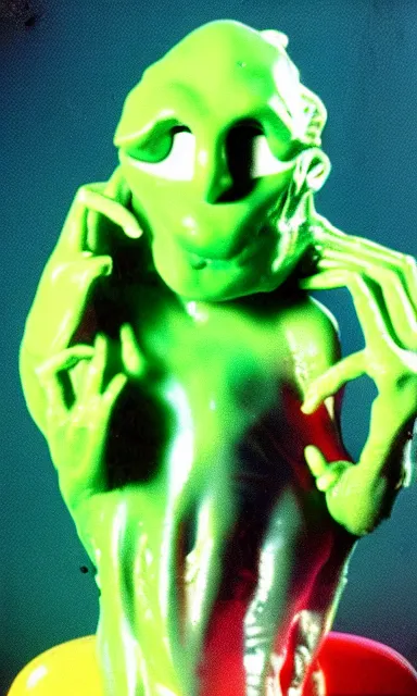 Image similar to slimy green gary busey creature, 9 0 s toy commercial, photo from the 7 0 s, horror lighting, neon lighting, polaroid photo,