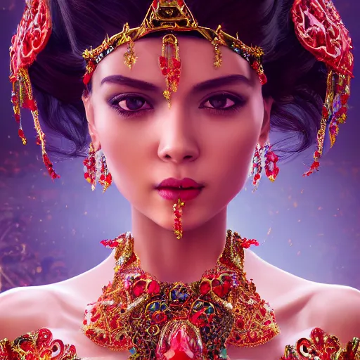 Image similar to photograph of wonderful princess with smooth fair skin, alluring eyes, red jewelry, breathtaking, elegant, ornate, intricate, hyper detailed, accent lighting, dramatic light, 4 k octane render