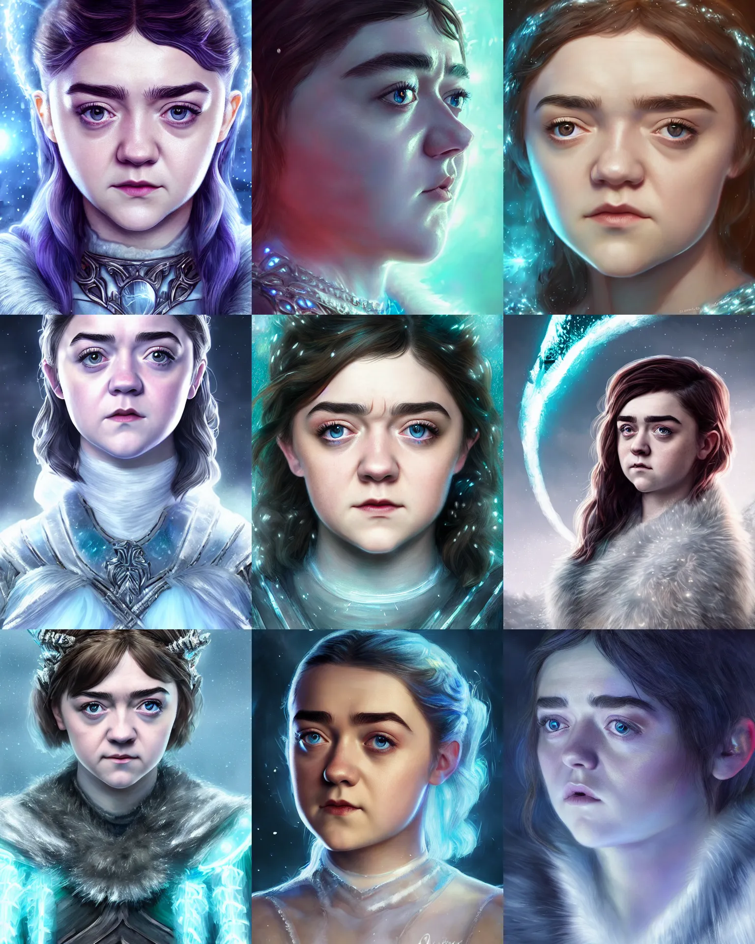 Prompt: portrait art of Maisie Williams as an Ice Queen 8k ultra realistic , lens flare, atmosphere, glow, detailed, intricate, full of color, cinematic lighting, trending on artstation, 4k, hyperrealist, focused, extreme details, unreal engine 5, cinematic, masterpiece by Edgar Maxence and Ross Tran