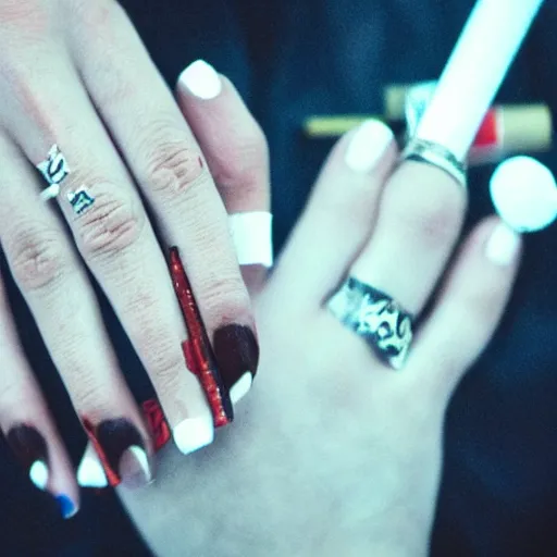 Prompt: a normal female hand with a five fingers and ring and, a cigarette, smoke