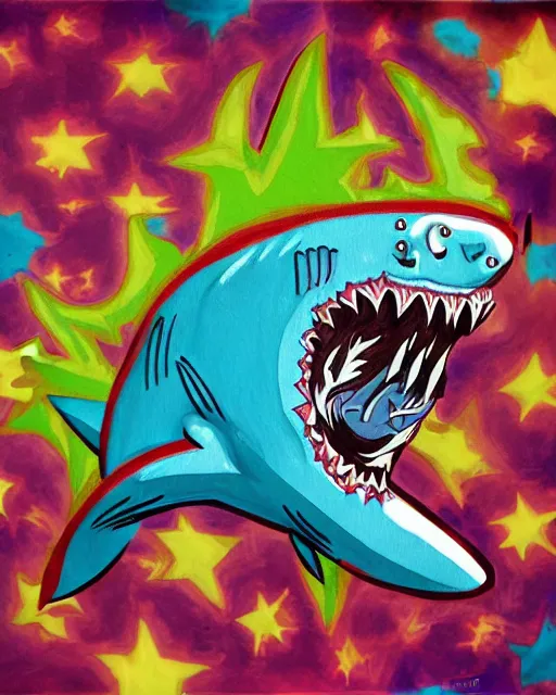 Prompt: zombie shark, painted by lisa frank, cel art