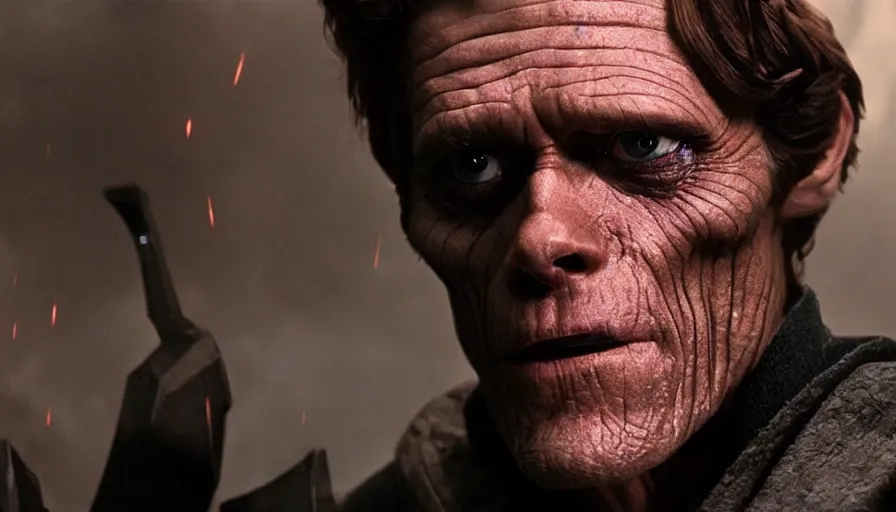 Image similar to Willem Dafoe as a Sith Lord, cinematic lighting, close-up, cinematography