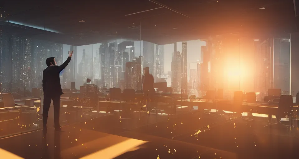 Image similar to Dramatic photo of a CEO waving to silhouettes of his coworkers in a futuristic office. Golden coins are levitating all around them. 8k, high detail, trending on Artstation, volumetric lighting, cyberpunk