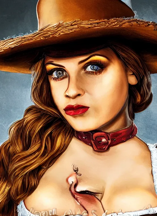 Image similar to a portrait one person, beautiful female sheriff body, big eyes, plump lips, western saloon theme, detailed faces